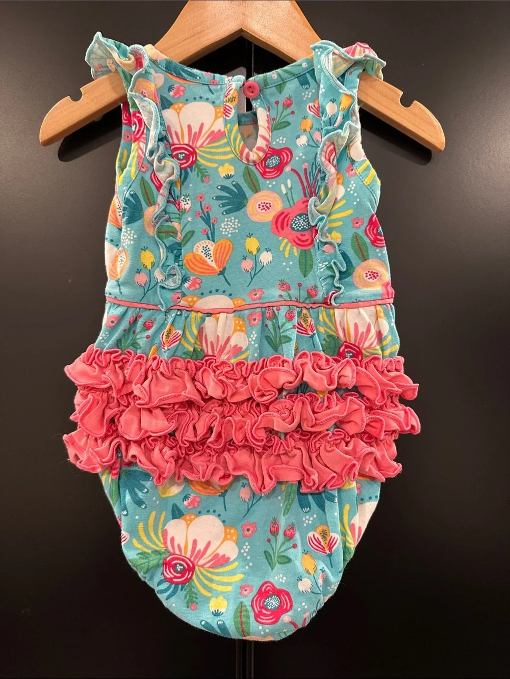 RuffleButts Baby Girls Floral Ruffle Bubble Romper Teal Pink 6-12M